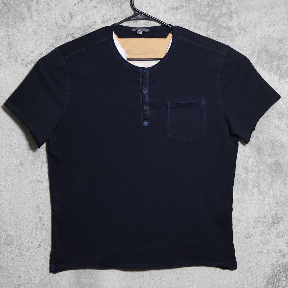 John Varvatos T-Shirt Mens XL Navy Blue Henley Pocket Cotton Dyed Made in Peru